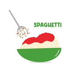 Spaghetti dish with tomato sauce colorful cartoon style vector illustration, icon.
