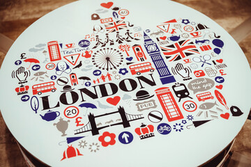 uk symbols: flag, crown, road signs, rain, telephone booth, umbrellas, pigeons, people, fish, hat,...