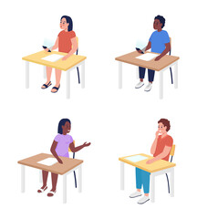 Pupils sitting at desks semi flat color vector characters set. Full body people on white. Elementary school isolated modern cartoon style illustrations collection for graphic design and animation