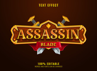 fantasy golden assassin blade medieval rpg game logo title text effect with border, ribbon and sword - obrazy, fototapety, plakaty