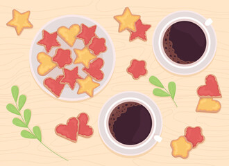 Cookies for Valentine flat color vector illustration. Plate with treats and two cups of fresh coffeee. Espresso in mugs. Top view 2D cartoon illustration with desktop on background collection