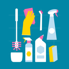Toilet cleaning supplies set. Hand in gloves, brush and detergent bottles. Flat illustration of housekeeping products for professional cleanup.