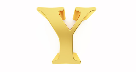 3D render of a golden letter Y isolated on white background.