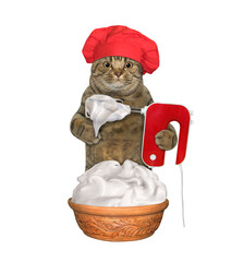 An ashen cat in a red chef hat whips cream with mixer in a clay pot. White background. Isolated.