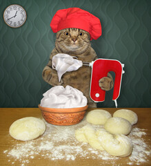 An ashen cat baker in a red chef hat whips cream with mixer in a clay pot in a kitchen.