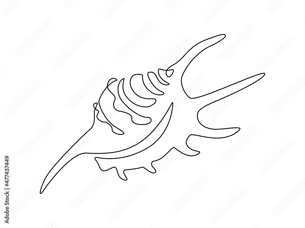 Poster Sea snail shell murex. Continuous one line drawing of mollusk seashell in linear style. Simple minimalistic outline icon. Doodle Vector illustration