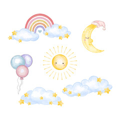 Cute sky objects in watercolor style. Isolated cartoon vector