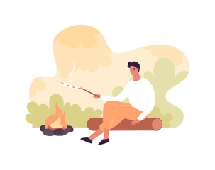 Tourism and hike adventure concept. Vector flat people illustration. Male tourist sitting and prepare food. Bonfire on abstract forest background. Design for nature park trekking journey.