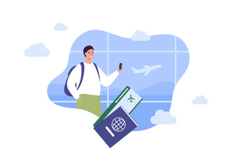 Tourism and airplane travel concept. Vector flat people illustration. Man tourist hold smartphone in hand. Passport and ticket symbol on airport window with plane background.