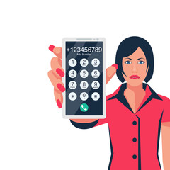Dial number. Woman holds smartphone in hands. Dialing numbers. Here can be your template for advertising and promotion. Vector illustration flat design. Display with button and finger on a call.