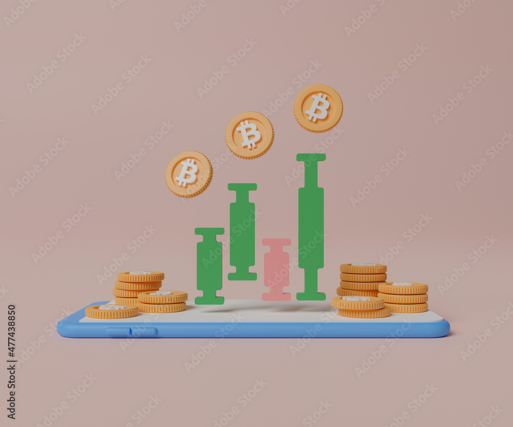 Poster 3d rendering concept cryptocurrency illustration. candlestick chart with bitcoin on smartphone.