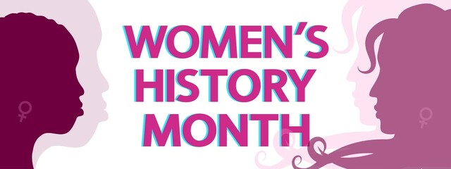 Women's History Month vector concept. Modern lettering and female silhouettes on white.