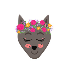 Cute wolf girl with flowers. Vector Illustration for printing, backgrounds, covers, packaging, greeting cards, posters, stickers, textile, seasonal design. Isolated on white background.