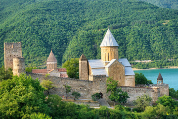 Fototapeta na wymiar Ananuri, Georgia - August 2015: Ananuri is a castle complex on the Aragvi River in Georgia. It was home to Dukes of Aragvi.