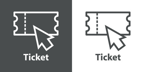 Fototapeta na wymiar Logo compra entrada online. Icono ticket con flecha como cursor con líneas en fondo gris y fondo blanco
