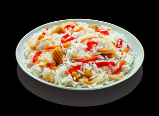 plate of rice salad on a black mirror surface