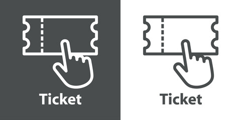 Logo compra entrada online. Icono ticket con mano como cursor con líneas en fondo gris y fondo blanco