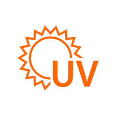 Concepto vacaciones de verano. Crema solar. Logotipo lineal con texto UV con sol en color naranja