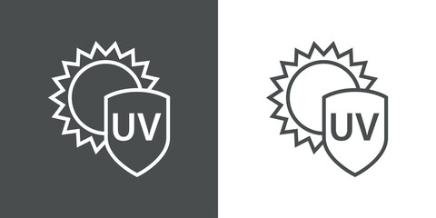 Concepto vacaciones de verano. Crema solar. Logotipo lineal con texto UV en escudo con sol en fondo gris y fondo blanco © teracreonte