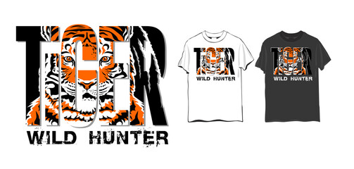 Fototapeta na wymiar Tiger wild hunter. Graphic t-shirt design with tiger head. Vector illustration for t-shirt.
