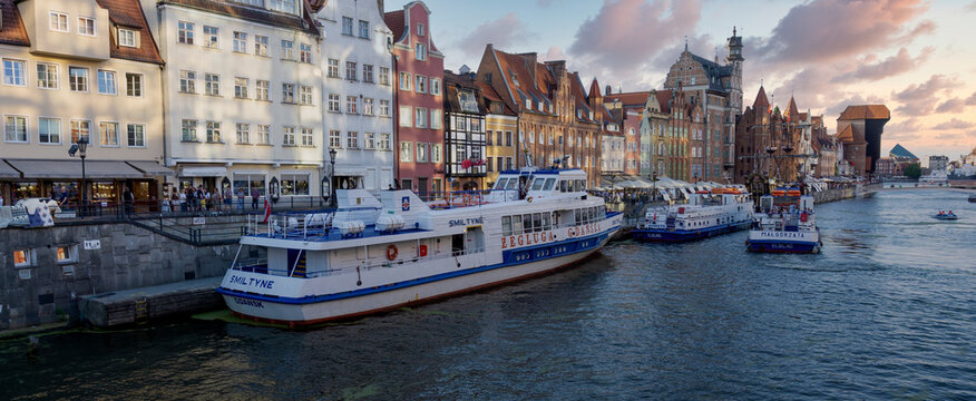 Gdansk, Poland - August 8, 2020: Architecture of the old town in Gdansk, Poland. Gdansk is the historical capital of Polish Pomerania with medieval old town architecture.
