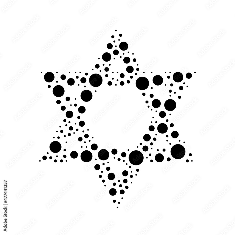 Poster a large star of david symbol in the center made in pointillism style. the center symbol is filled wi