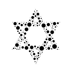 A large star of David symbol in the center made in pointillism style. The center symbol is filled with black circles of various sizes. Vector illustration on white background