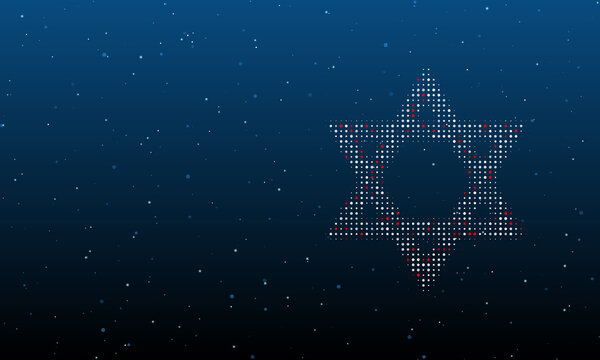 On the right is the star of David symbol filled with white dots. Background pattern from dots and circles of different shades. Vector illustration on blue background with stars