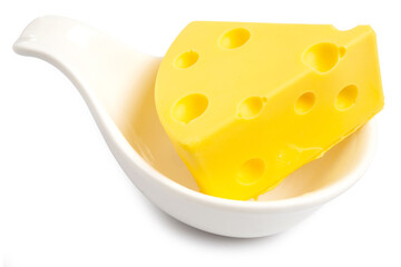 Triangular Piece of Cheese, nutritious and tasty Dutch cheese, serving on white spoon isolated on white background. Clipping path.