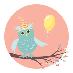 Cute baby owl with balloon sitting on the branch. Happy birthday greeting card. Vector illustration.