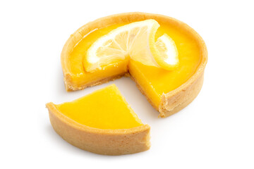 Fresh baked Lemon Tart topping with lemon sliced cut in piece, good for teatime dessert, isolated on white background. Clipping path