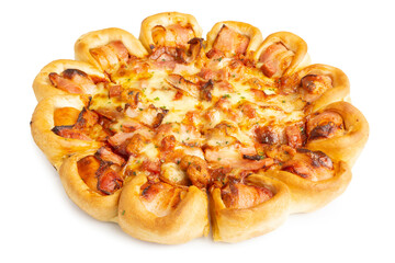 Homemade Fresh Baked Pizza topped with bacon, Mozzarella and sausages on the edge of the bread, isolated on white background. Clipping path