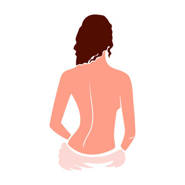 Beautiful naked woman with her back in a bath towel on her waist. Stock vector illustration isolated on white background.