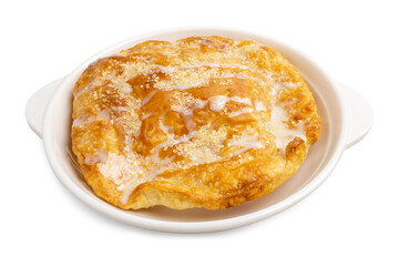 Sweet Crispy Thai Roti (Thai Pancake), delicious Thai Dessert, with Sweetened condensed milk on top served on white dish. Traditional Muslim Food in Thailand, famous Thai Street Food. Clipping path