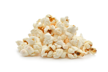 Heap of dried popcorn isolated on white background