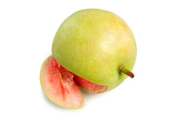 Fresh Organic Raw Thai Guava cut in piece showing red texture isolated on white background. Clipping path