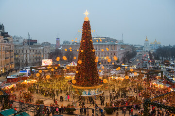 Aerial view of Christmas tree at the St Sophia Sofiyska square in central Kyiv, Ukraine. December 2021