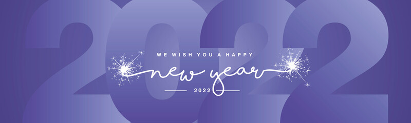 Fototapeta We wish you Happy New Year 2022 line designed handwritten lettering white purple very peri background with sparkle firework greeting card obraz