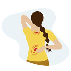 Backache. Woman with pain in neck and back. Medical concept. Vector illustration on a white background.