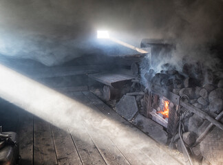 Russian smoke sauna on the shore of Lake Onega. - 477443086