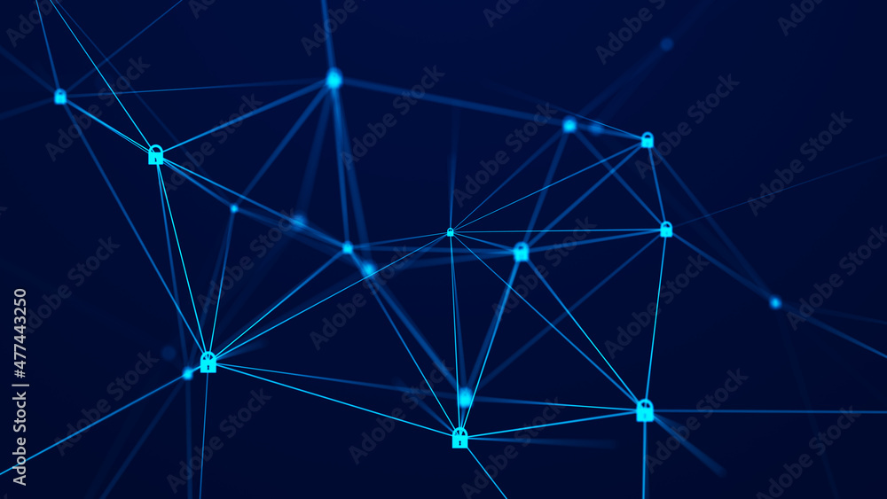 Leinwandbilder Abstract network or connection. Cyber security. Digital information protection with locks. Background of points and lines. Glowing plexus. Big data.Technology science background. 3d rendering