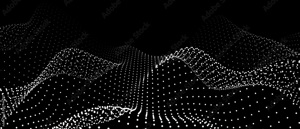 Aufkleber Wave of dots. Abstract background of points. Cyber particles. Big data stream. Vector illustration