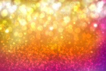 A festive abstract delicate Happy New Year or Christmas background texture with colorful gold yellow pink blurred bokeh lights and stars. Space for design. Card concept or advertising.