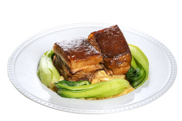 Dong Po Rou (Dongpo pork meat) in a plate isolated on white background.