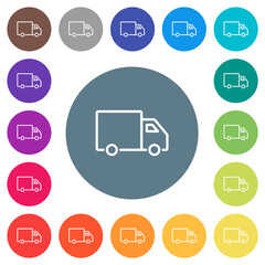 Fototapeta na wymiar Delivery truck side view outline flat white icons on round color backgrounds
