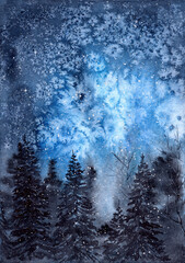 Watercolor illustration of a dark fir forest under a dark blue night sky strewn with stars and falling snow