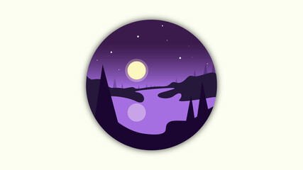 
the image of a lake in a circle at night in purple tones