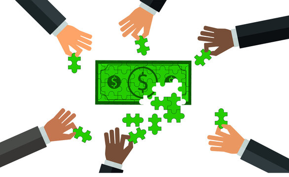 dollar green banknote currency puzzle pieces. business people teamwork. editable vector.
