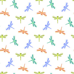 Dragonflies Seamless Pattern on White Background.