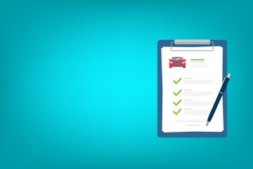 Car insurance document, report. Paper agreement checklist or loan checkmarks form list approved with automobile icon, vehicle financial, car dealership legal deal. 